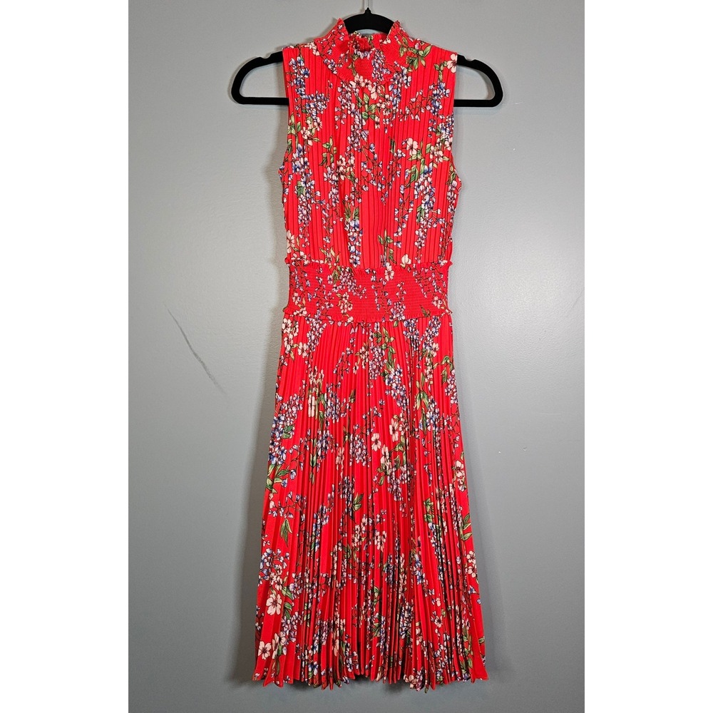 Nanette Lepore Red Floral Pleated Smocked Waist Mock Neck Midi Dress 2